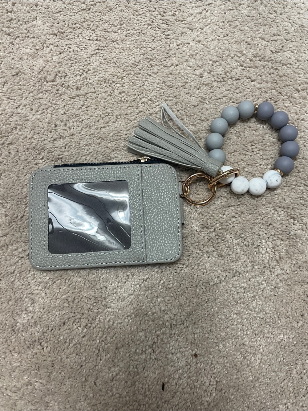Light Gray Wristlet Card Holder with Beaded Keyring